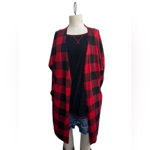 Red and Black Plaid Open Cardigan
